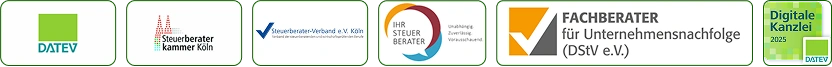 Logos: Datev, Steuerberaterkammer Köln, Steuerberaterverband, Ihr Steuerberater, Fachberater Unternehmensnachfolge, Digitale Kanzlei
