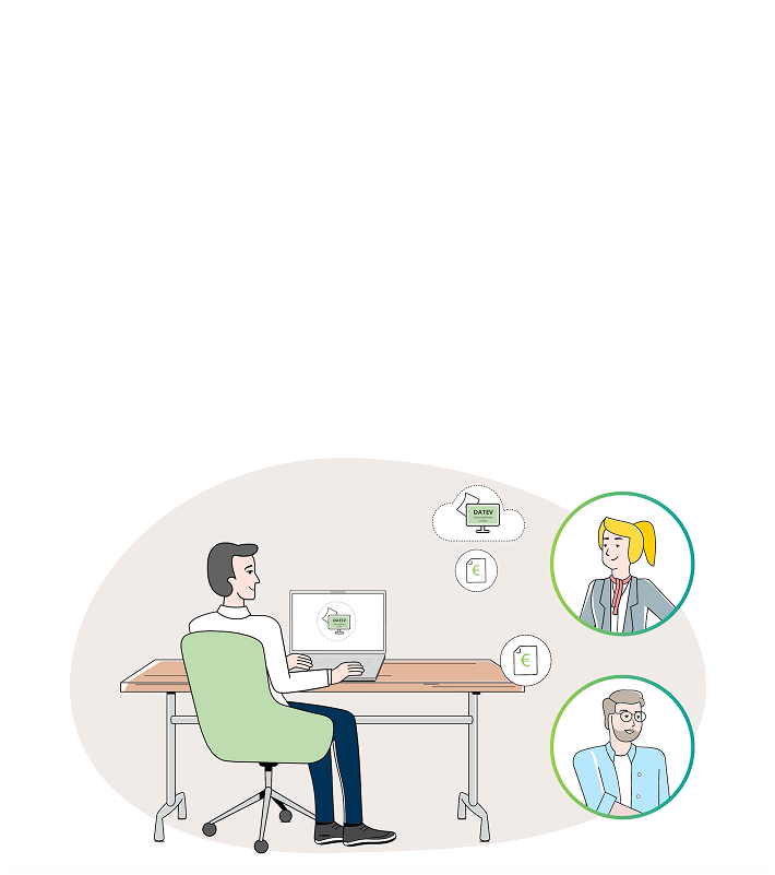 Ein Mann sitzt am Schreibtisch am Laptop und verschickt Rechnungen über Datev Unternehmen online